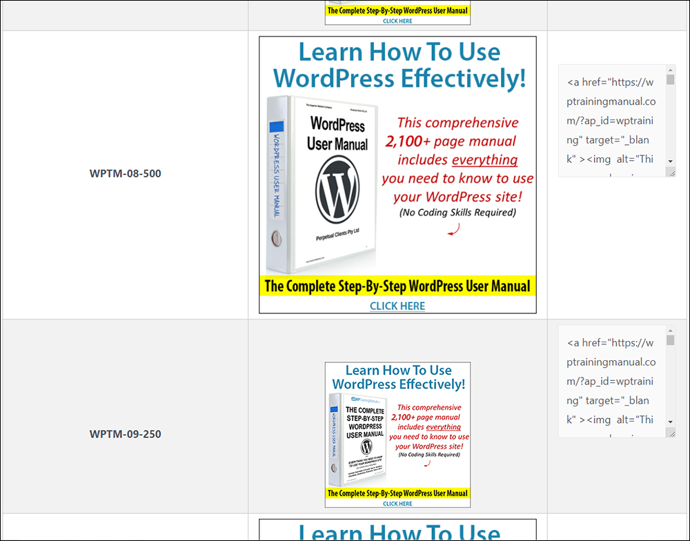 WPTrainingManual.com affiliate banners.