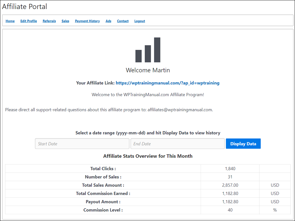 WPTrainingManual.com - Affiliate Dashboard