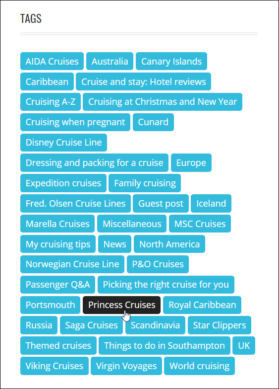 Tag cloud for cruise-related blog with clickable tags.