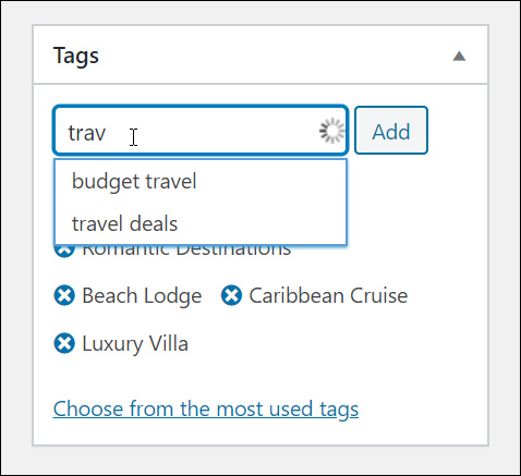 Tags feature auto-complete.