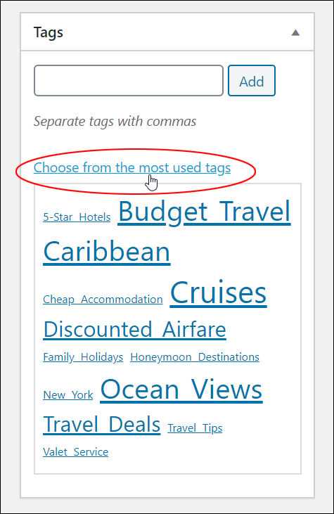 Tags feature box - Choose from the most used tags.