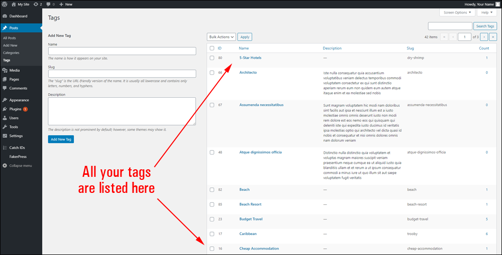 WordPress Tags screen.