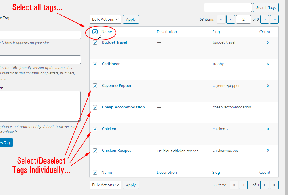 Tags screen - select tags checkboxes