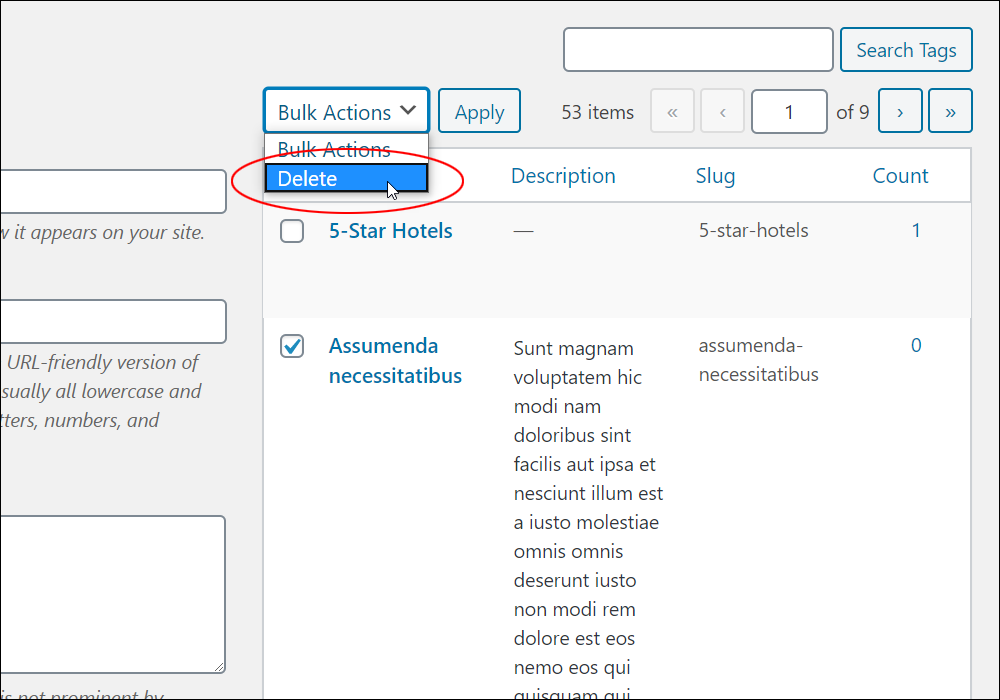 Tags screen - Bulk actions - Delete