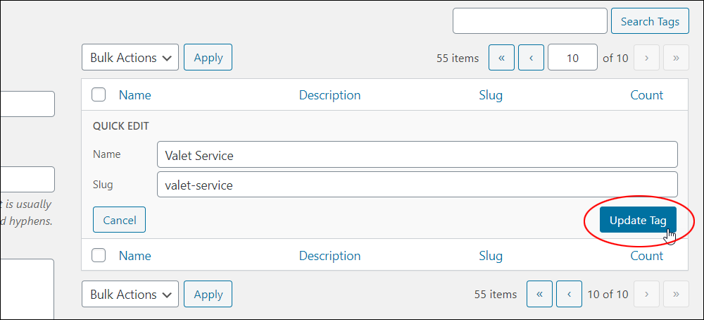 Tag screen - quick edit fields with Update Tag button highlighted.