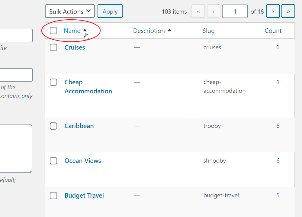 Tags screen table - Name column sorting icon.