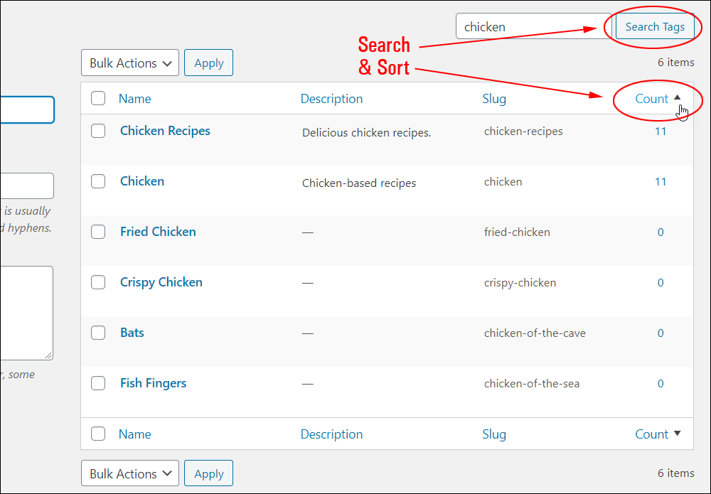 Search and sort functions on the Tags screen.