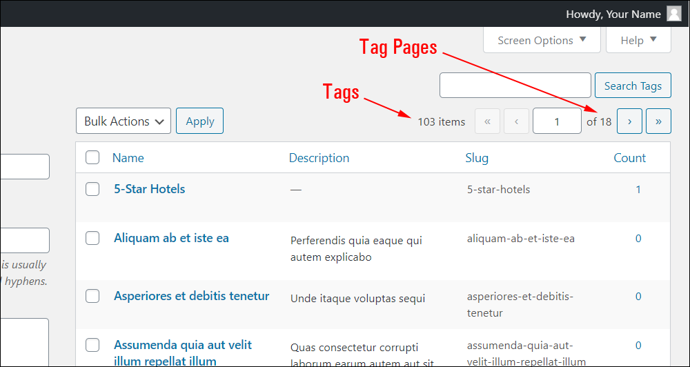 Tags screen - Tag Pages feature.