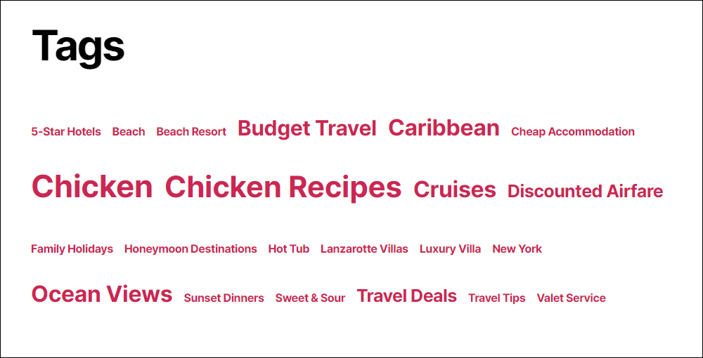 Tag cloud added to a WordPress site via a footer widget.