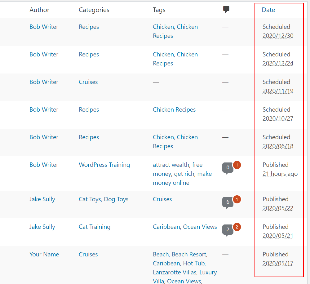 WordPress Table of Posts - Date Column