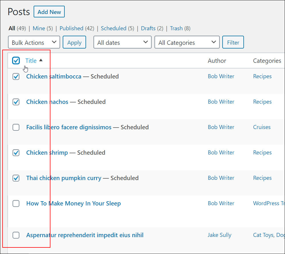 WordPress Table of Posts - Title column.