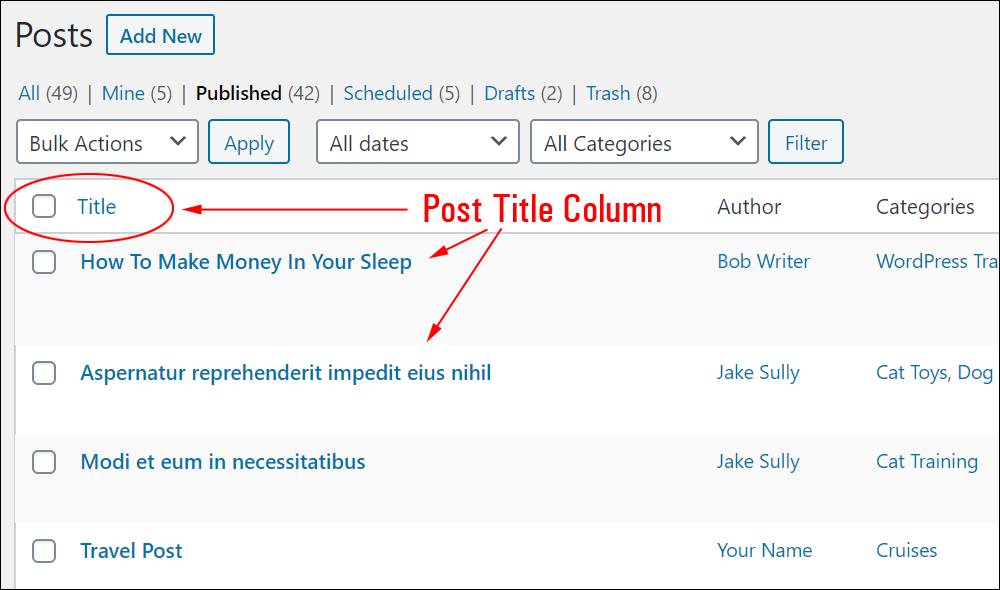 WordPress Table of Posts - Post Title Column.