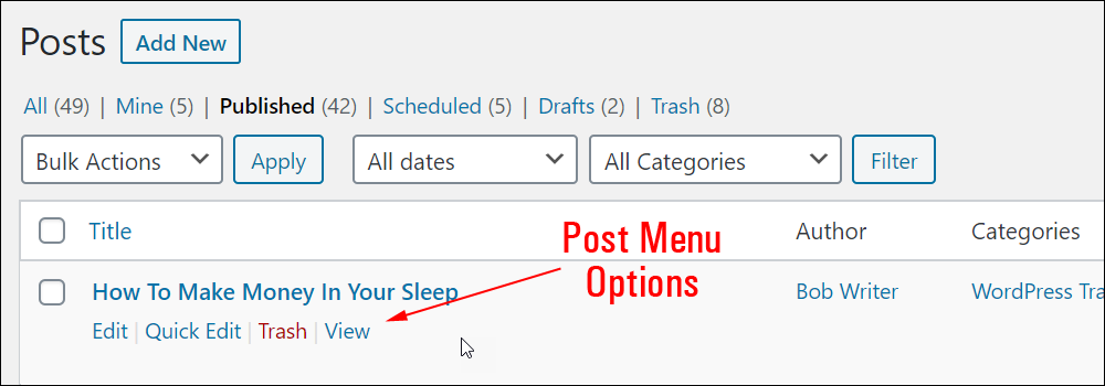 WordPress Table of Posts - Post Menu Options