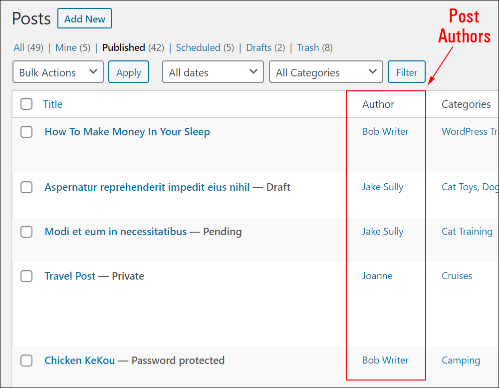 WordPress Table of Posts - Author column.