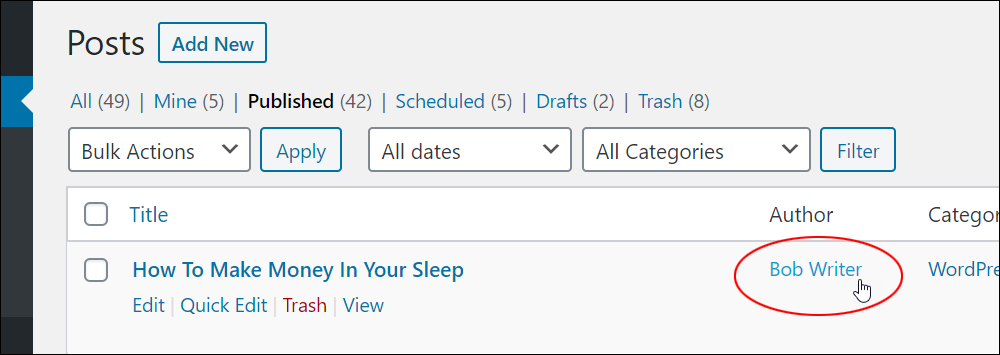 WordPress Table of Posts - Author