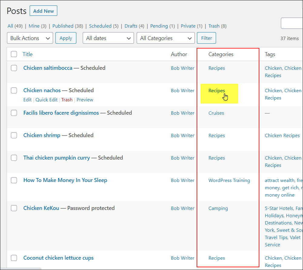 WordPress Table of Posts - Categories