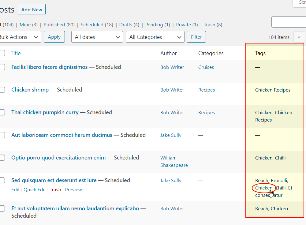 WordPress Table of Posts - Tags column.