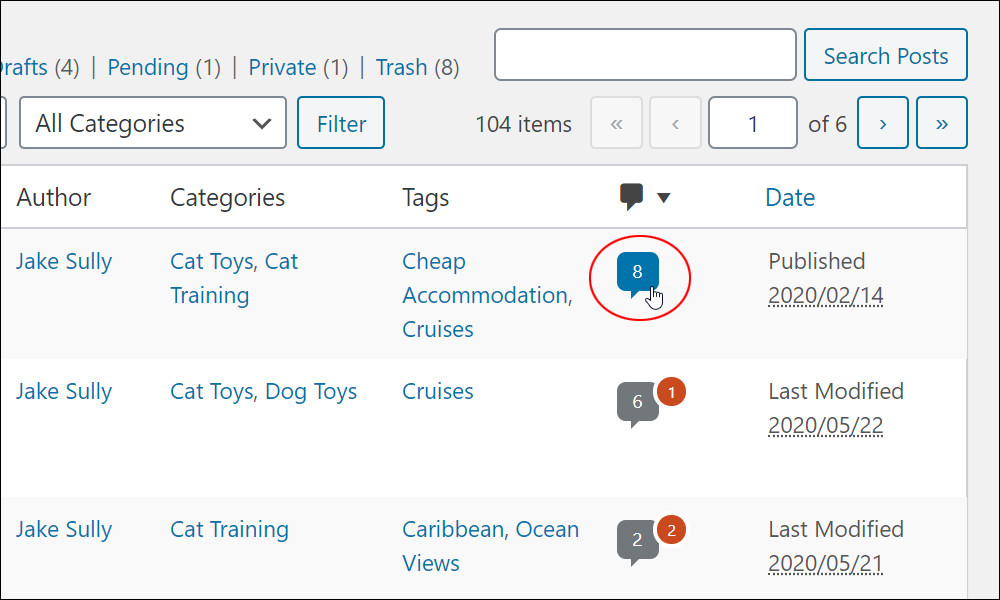 WordPress Table of Posts - Comments Column