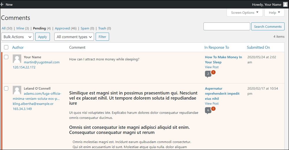 WordPress Comments section - pending comments.