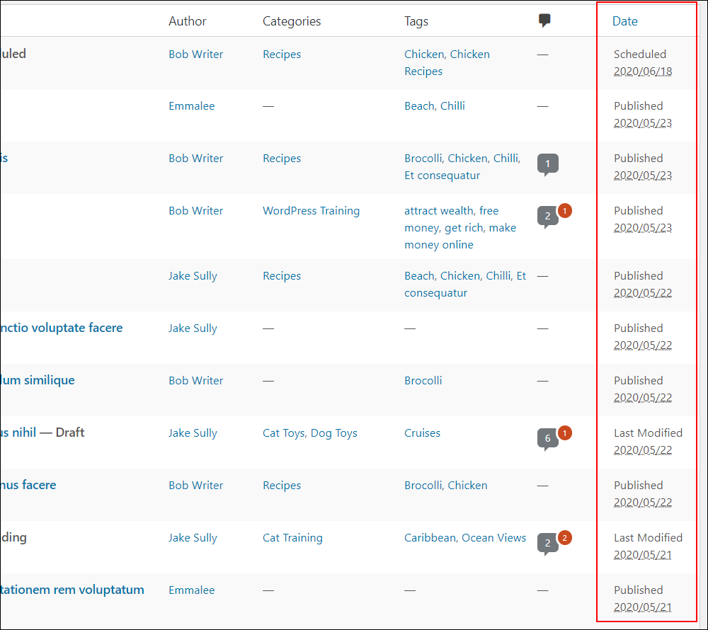 WordPress Table of Posts - Date column.