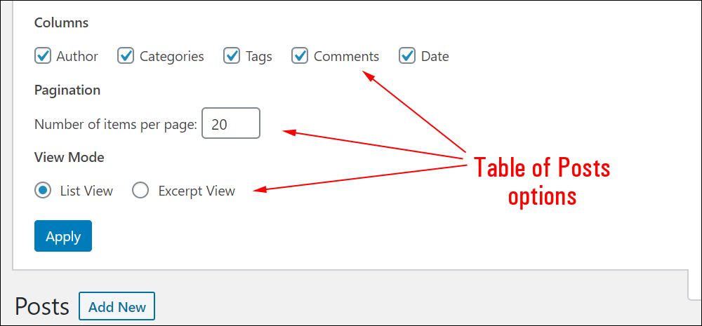 Table of Posts options.