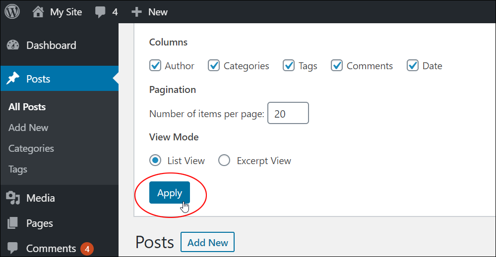 Table of Posts options - Apply button.