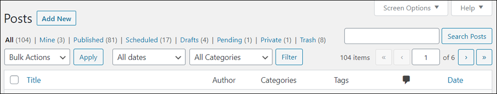 Table of Posts - Sorting, Searching, and Filtering options.