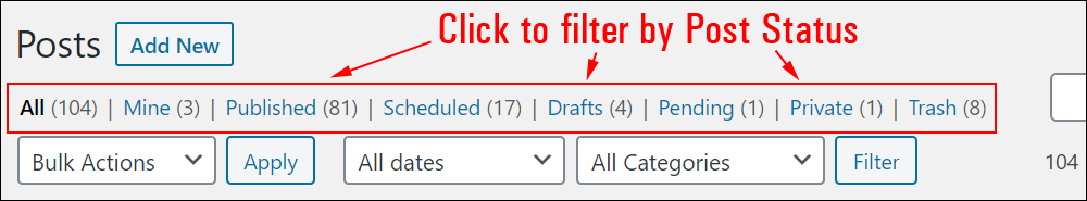 Post Status menu filtering options.