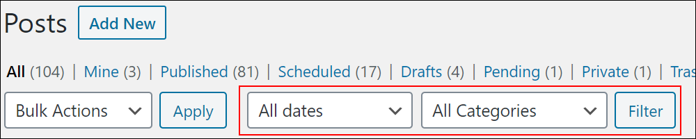 Table of Posts - Post filtering options.