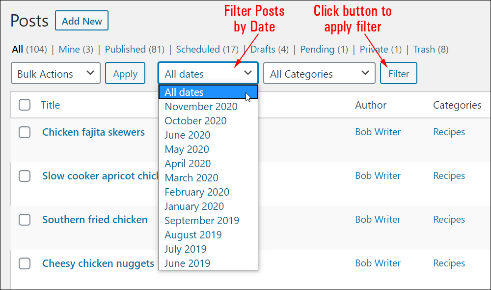 Filter posts by date.