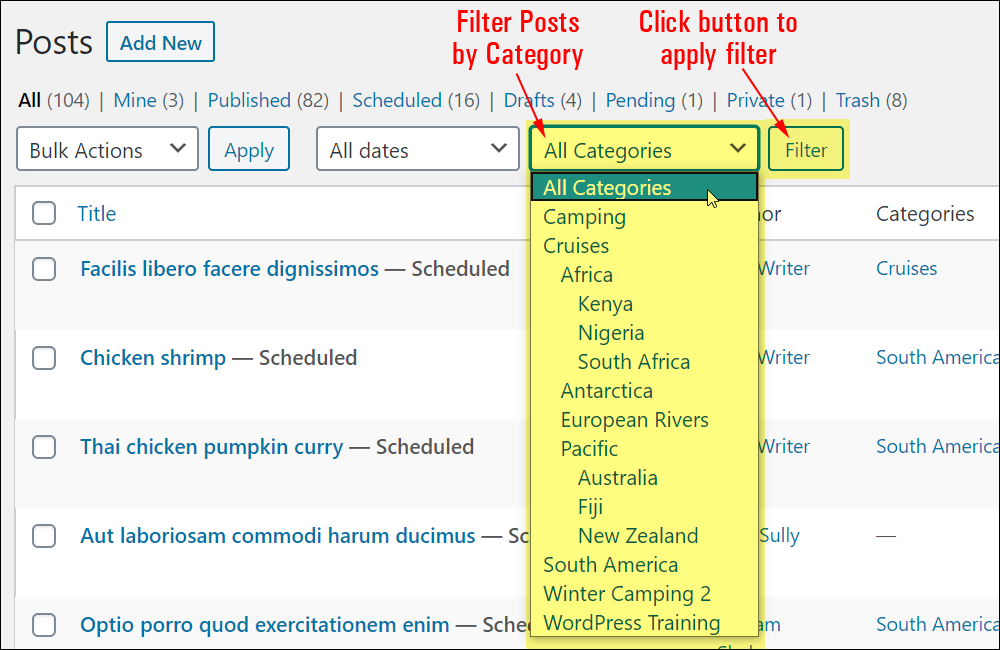 Filter posts by category.