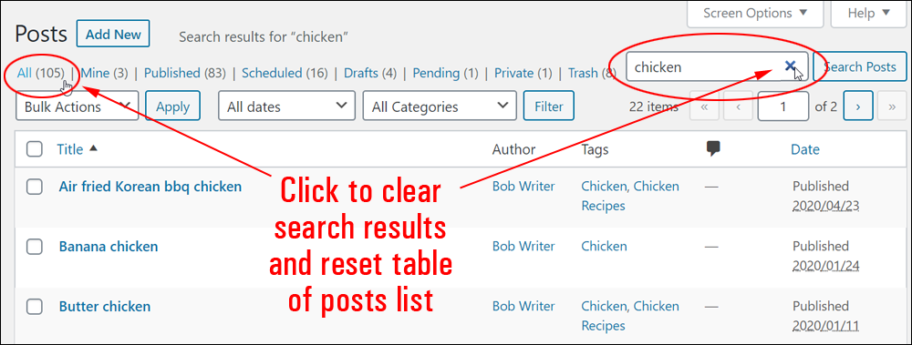 Clear Table of Posts search results.