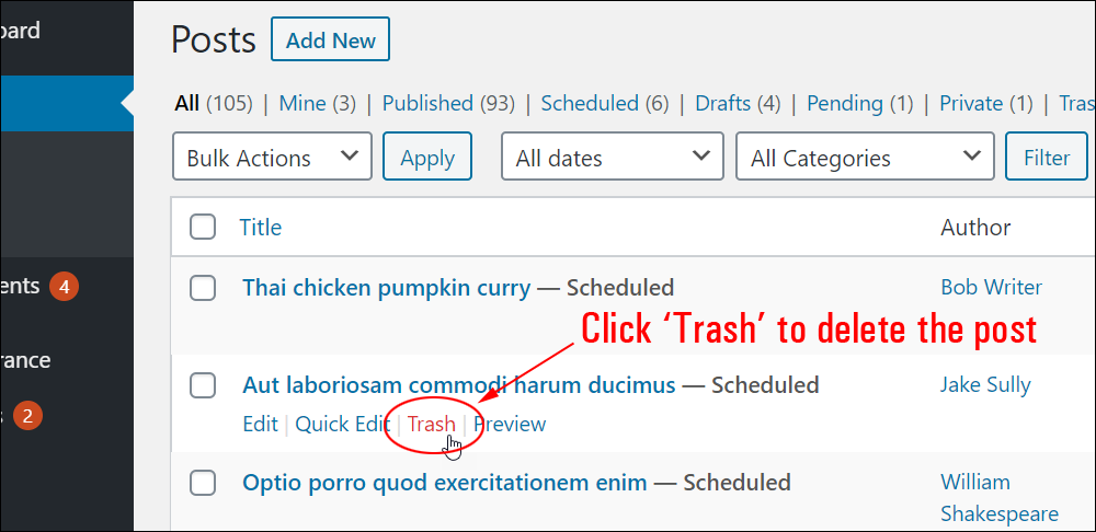 Click Trash to delete the post.