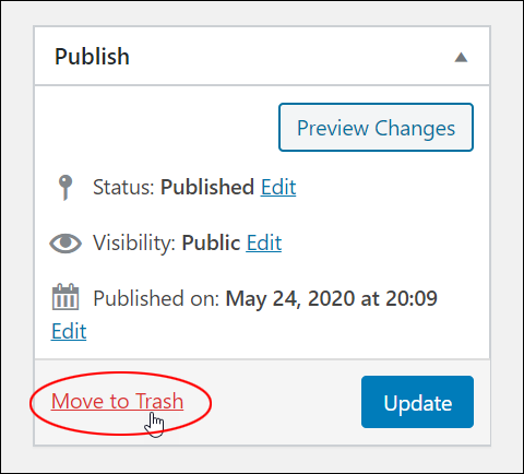 Publish section - Move to Trash