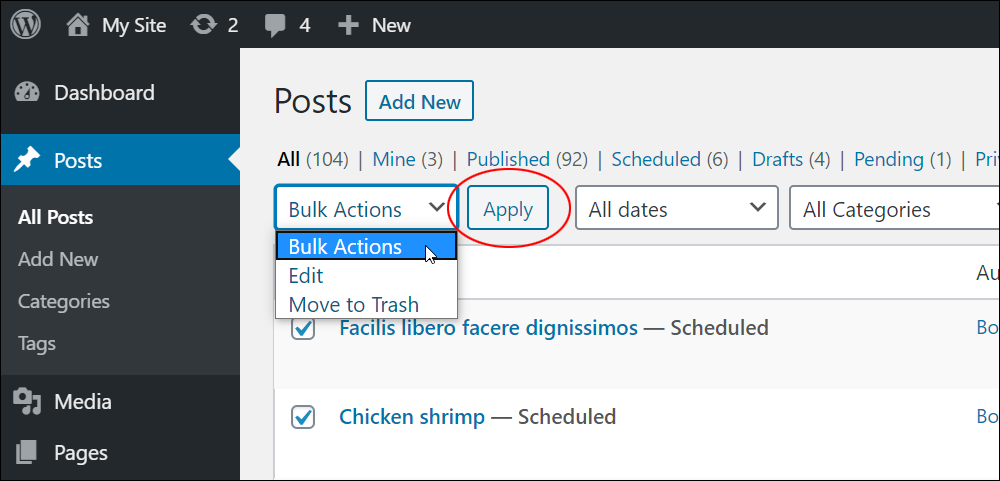 Select an option from the Bulk Actions menu and click Apply.