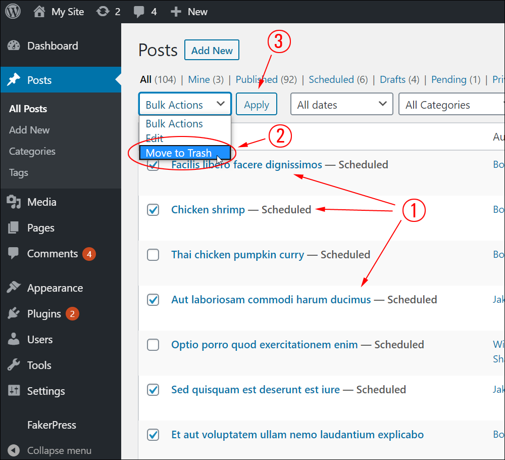 Bulk delete posts using the Bulk Actions menu.