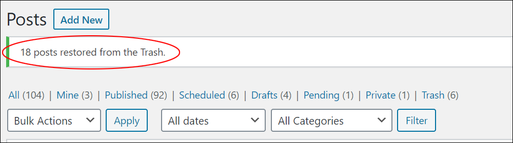 Posts restored from the Trash -confirmation message.