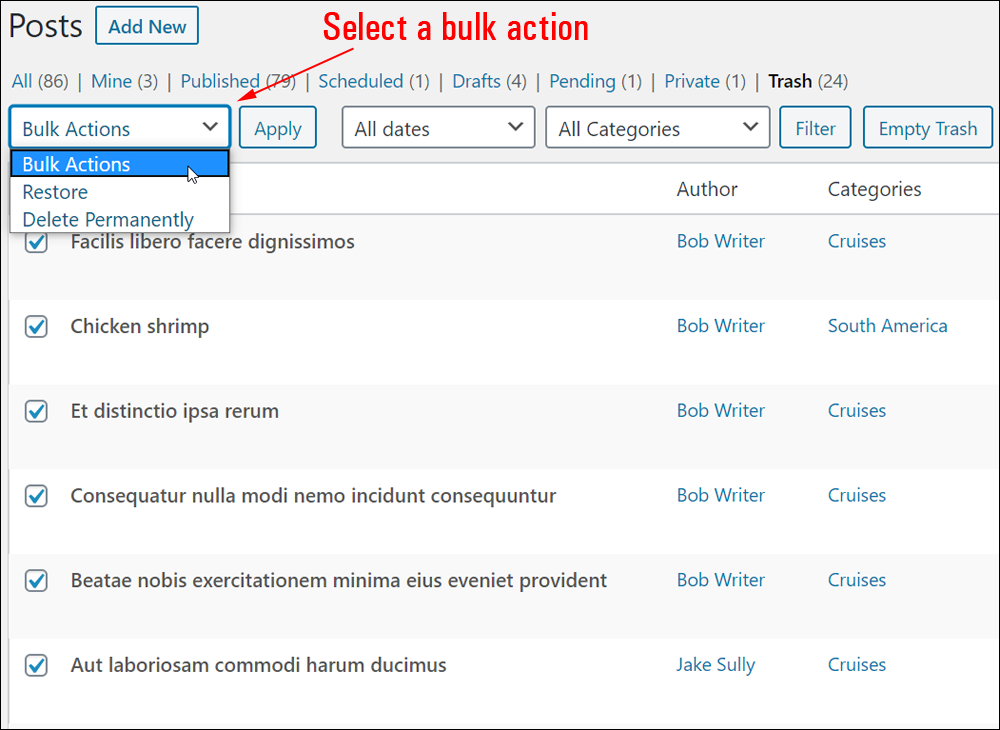 Trashed posts - Bulk Actions menu.