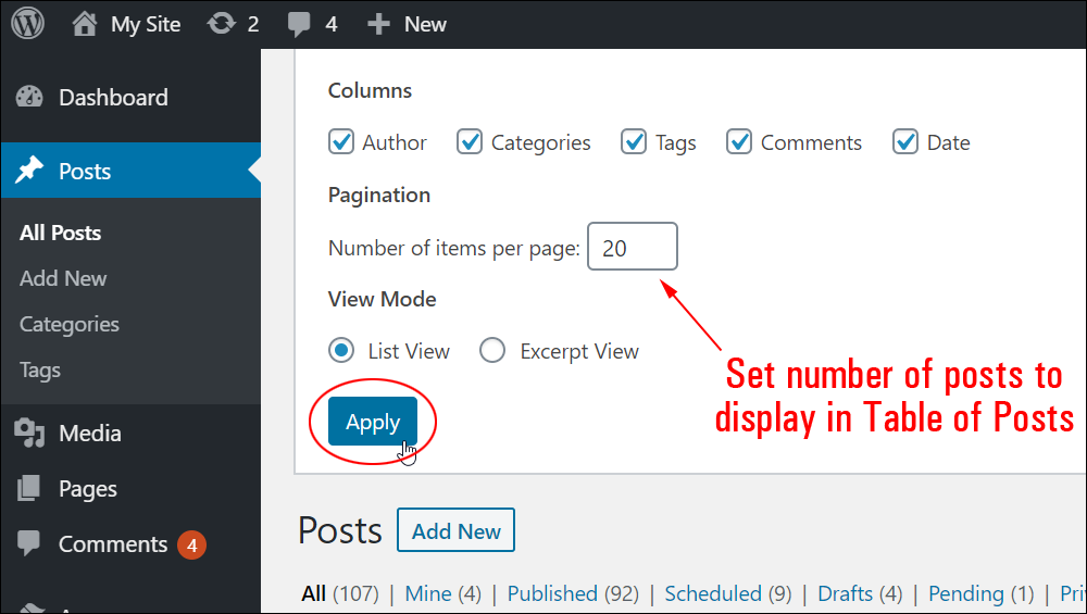 Screen Options - Pagination settings.