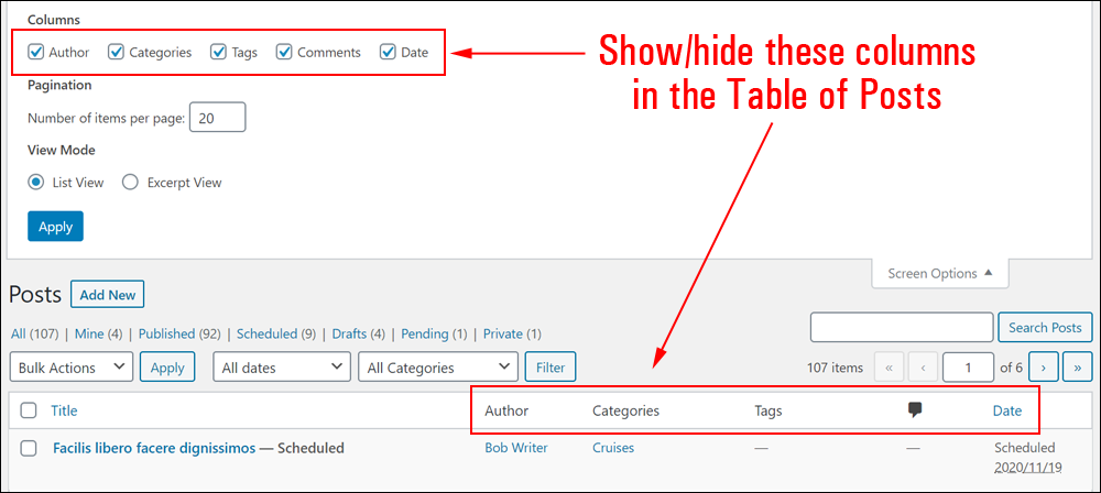 Show/hide columns in the Table of Posts.