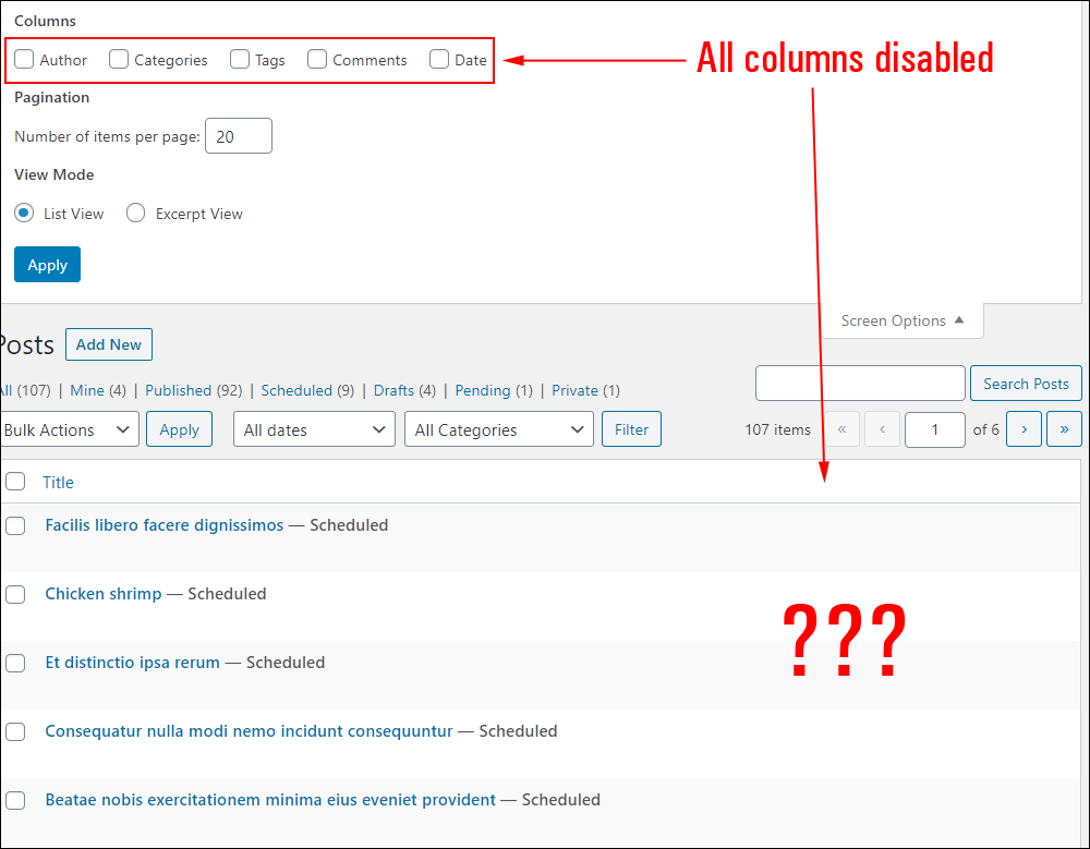 Table of Posts - All columns disabled.