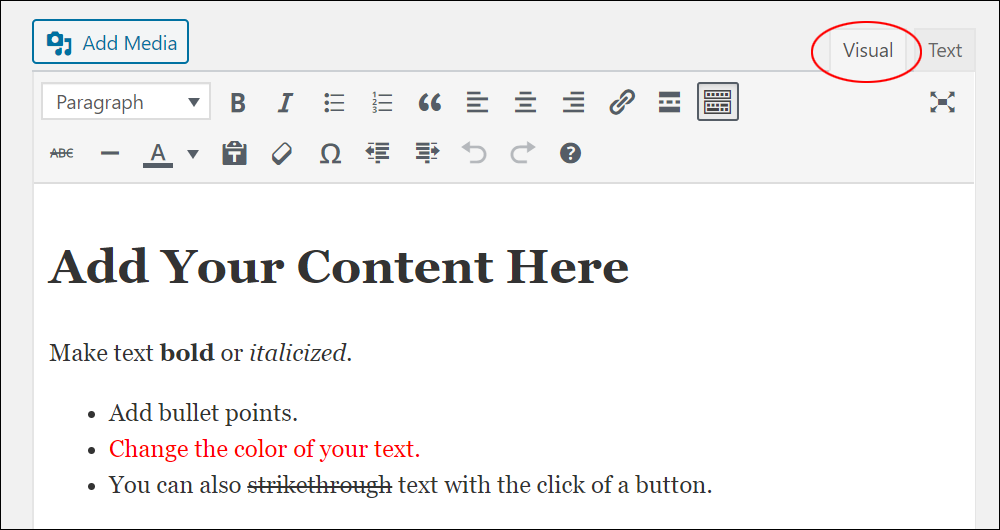 WordPress Classic Content Editor interface - Visual Tab.