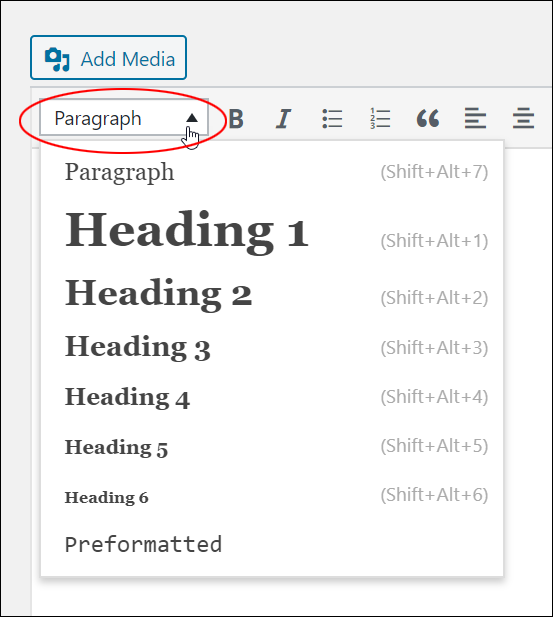 Formatting styles menu and options.