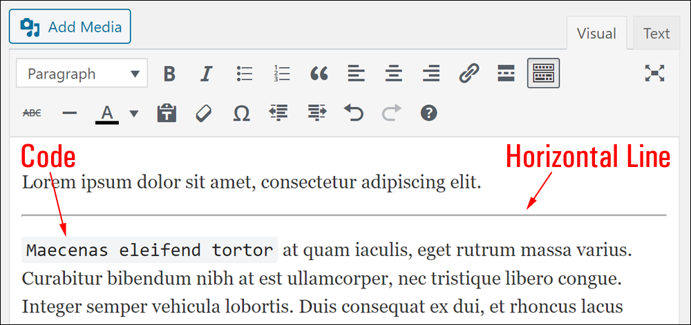 Horizontal line and code highlighting formatting.