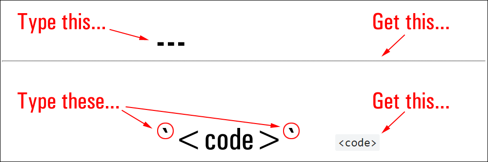 Formatting shortcuts for horizontal lines and code highlighting.