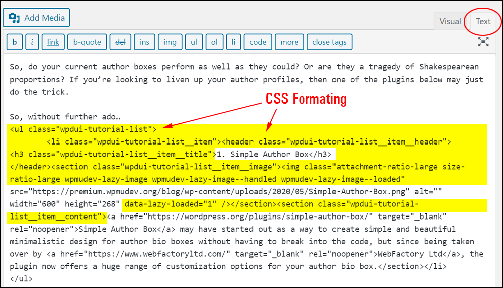 Example of pasted in text containing CSS formatting from another website.