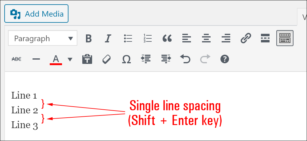 Example of single line spacing in WordPress using the Shift + Enter key.