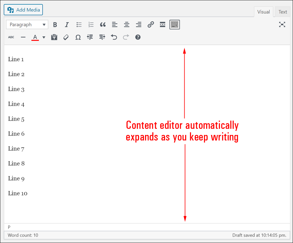 The content editor automatically expands as you write with Full Height editor function enabled.