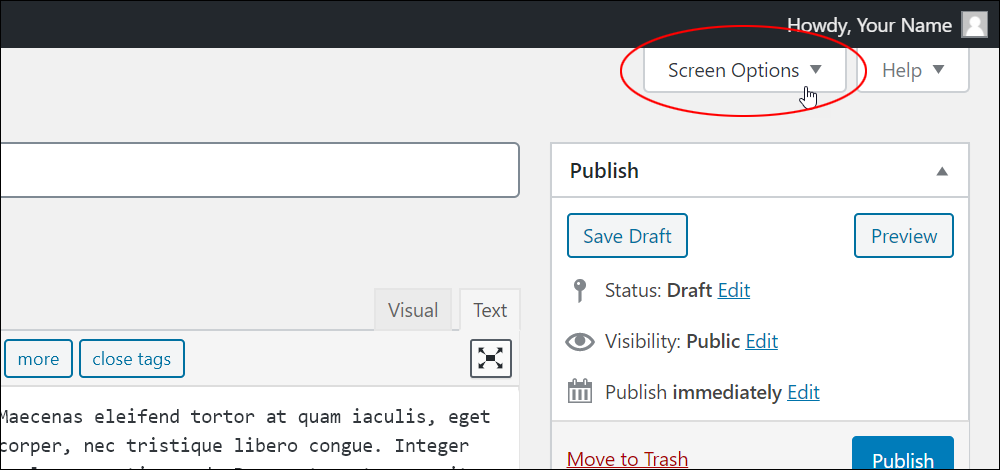 Screen Options tab.