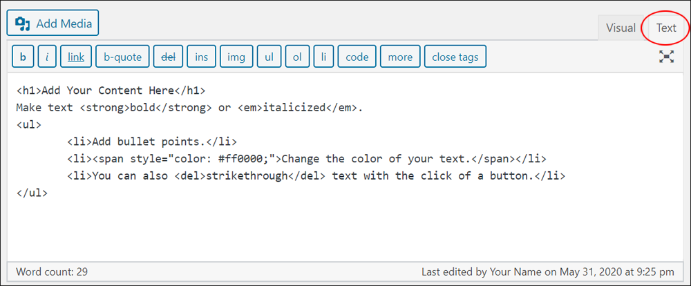 WordPress Classic Editor - Text tab.